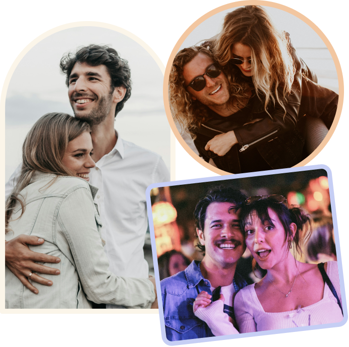 Three photos of couples: a pair embracing outdoors, a laughing pair in sunglasses, and a smiling pair out together at night.